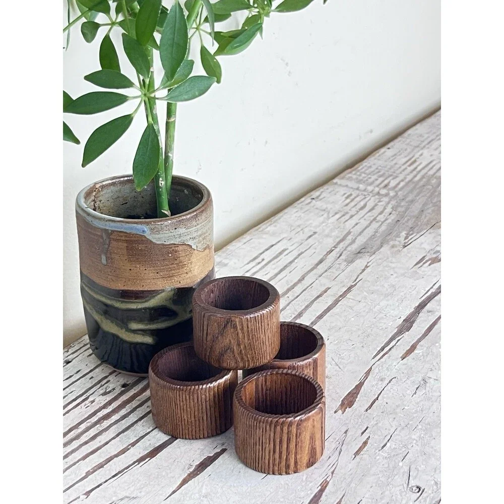 Vintage MCM Wooden Napkin Rings / Boho Vibe 1.25” / Glossy Taiwan (Set Of 4)